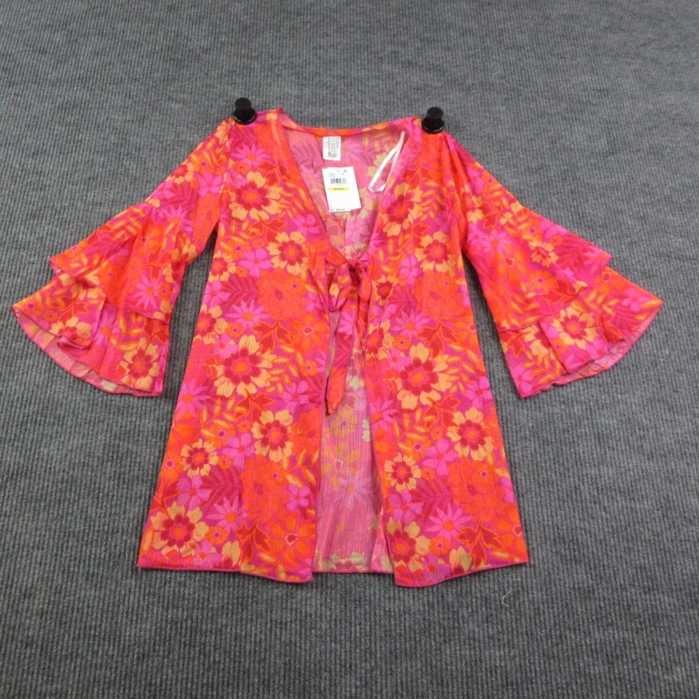 BECCA Blouse Womens M Multicolor Tunic V-Neck Bell Sleeve Ruffle Tie NWT